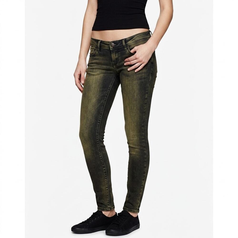 Free People Distressed Low Rise Skinny Jeans Rust Olive Green Stretchy Size 24